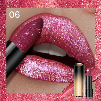Glitter Lipstick, a pressable pearlescent lipstick, is very shiny like crushed diamond particles, smooth and long-lasting, has a Good Vibrations