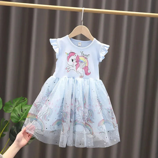Girls Clothes 2025 New Summer Princess Dresses Flying Sleeve Kids Dress Unicorn Party Girls Dresses Children Outing Clothing 3-8 Good Vibrations