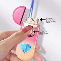 Metal Love Double Flame Butane Gas Lighter Creative LED Blue Light Transparent Gas Window Grinding Wheel Ignition Cigar Lighters Good Vibrations Adult Super Store