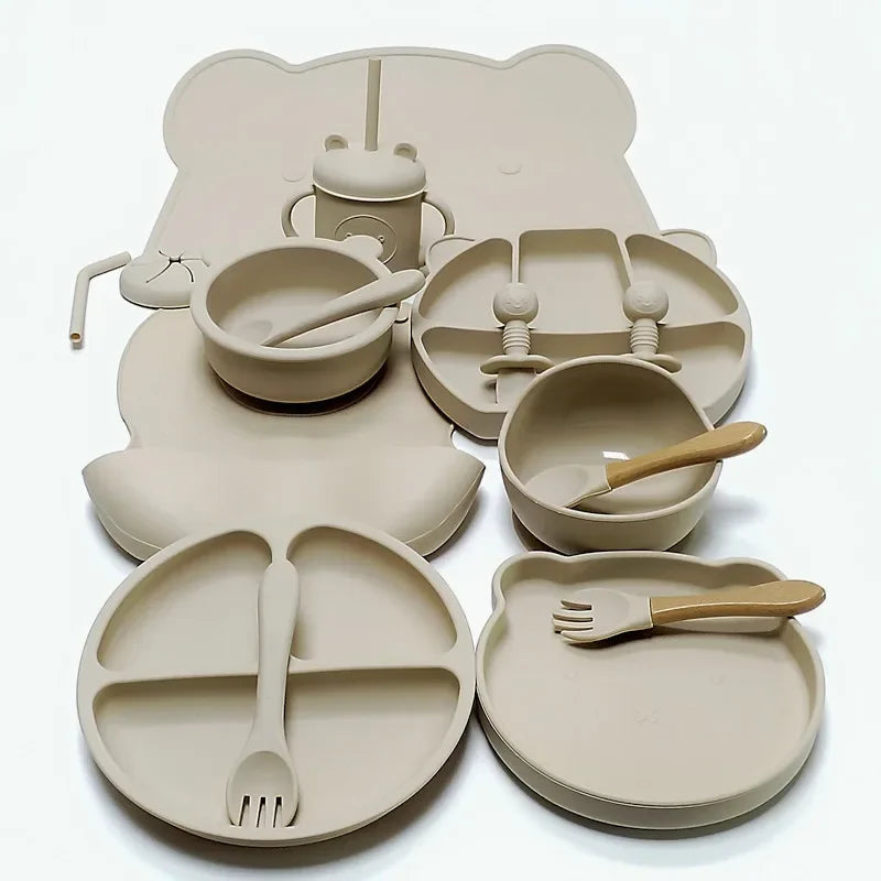16pcs Dinner Plate Set Silicone Children's Tableware Set Baby Complementary Suction Cup Bowl Spoon Mother and Baby Good Vibrations