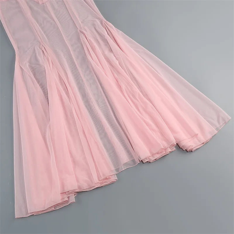 Women Pink Blazer Dress Set, Elegant Sleeveless Top, and Flowy High-Low Chiffon Skirt with Sheer Hem for Wedding Party In Stoc Good Vibrations