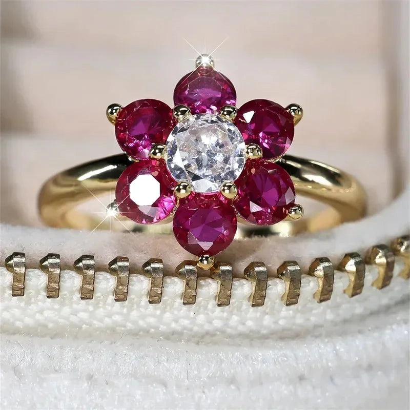 Charm Cherry Flower Rings For Women Rose Red Stone Cocktail Ring Wedding Bands Antique Gold Color CZ Engagement Party Jewelry Good Vibrations