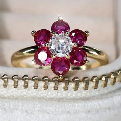 Charm Cherry Flower Rings For Women Rose Red Stone Cocktail Ring Wedding Bands Antique Gold Color CZ Engagement Party Jewelry Good Vibrations