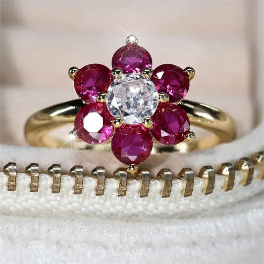 Charm Cherry Flower Rings For Women Rose Red Stone Cocktail Ring Wedding Bands Antique Gold Color CZ Engagement Party Jewelry Good Vibrations
