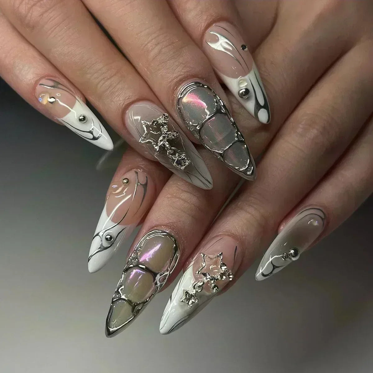 24Pcs False Nails Spicy Girl Silver Bow with Diamond Fake Nails with Glue Almond Press on Nails Black Cool Y2k Almond Nail Set Good Vibrations