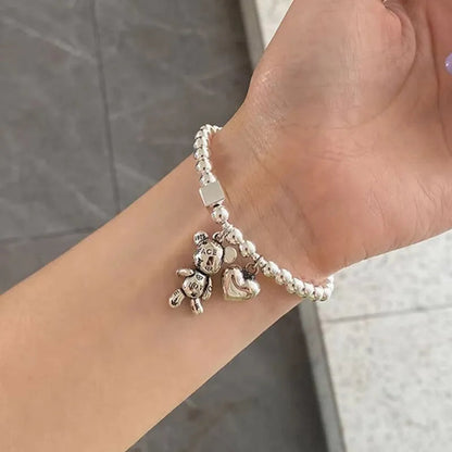 925 Sterling Silver Bracelets for Women String of Beads Accessories Trend Vintage Simple Cute Bear Pendant Party Jewelry Good Vibrations