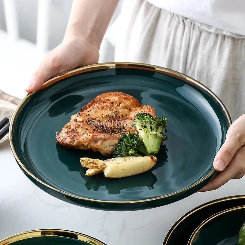 Green Ceramic Gold Inlay Plate Steak Food Plate Nordic Style Tableware Bowl Ins Dinner Dish High End Porcelain Dinnerware Set Good Vibrations