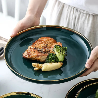 Green Ceramic Gold Inlay Plate Steak Food Plate Nordic Style Tableware Bowl Ins Dinner Dish High End Porcelain Dinnerware Set Good Vibrations