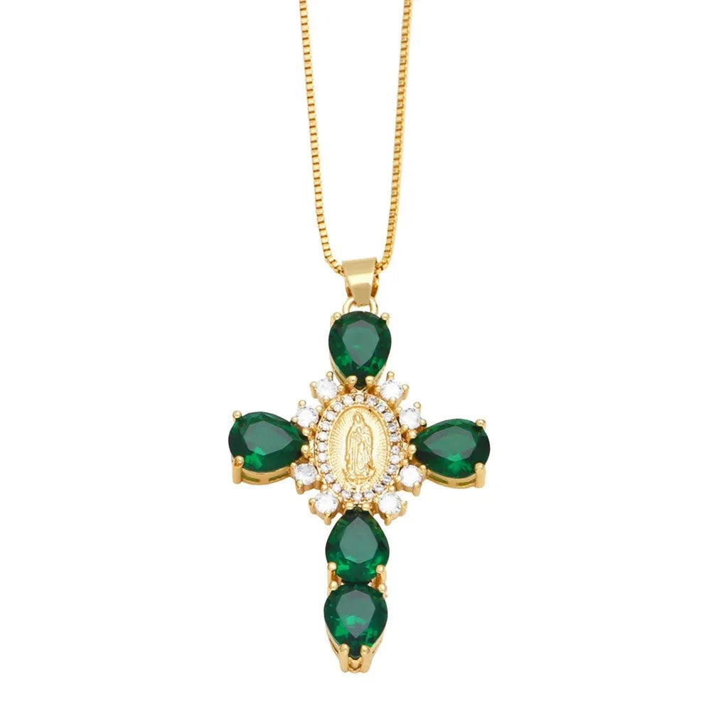 Retro European Style Zircon Cross Necklace Gilded Luxury Crystal Crucifix Necklace Religious Catholic Crucifix Pendant Chain Good Vibrations