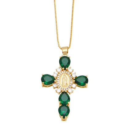 Retro European Style Zircon Cross Necklace Gilded Luxury Crystal Crucifix Necklace Religious Catholic Crucifix Pendant Chain Good Vibrations