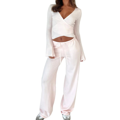 Women Fashion Lounge Set Vintage 2 Piece Outfit V Neck Waist Tie T-shirt + Elastic Waist Pants Autumn Long Sleeve Crop Tops Good Vibrations