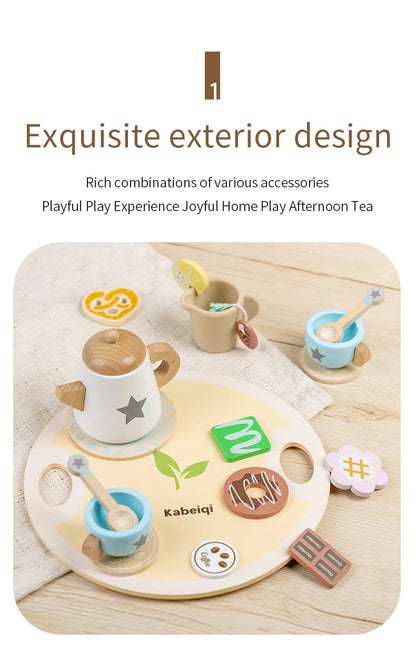 Wooden Kitchen Play Toys Kitchen Simulation Tea Set Afternoon Tea Activity Games Pretend Play Kitchen Accessories Toy for Kids Good Vibrations