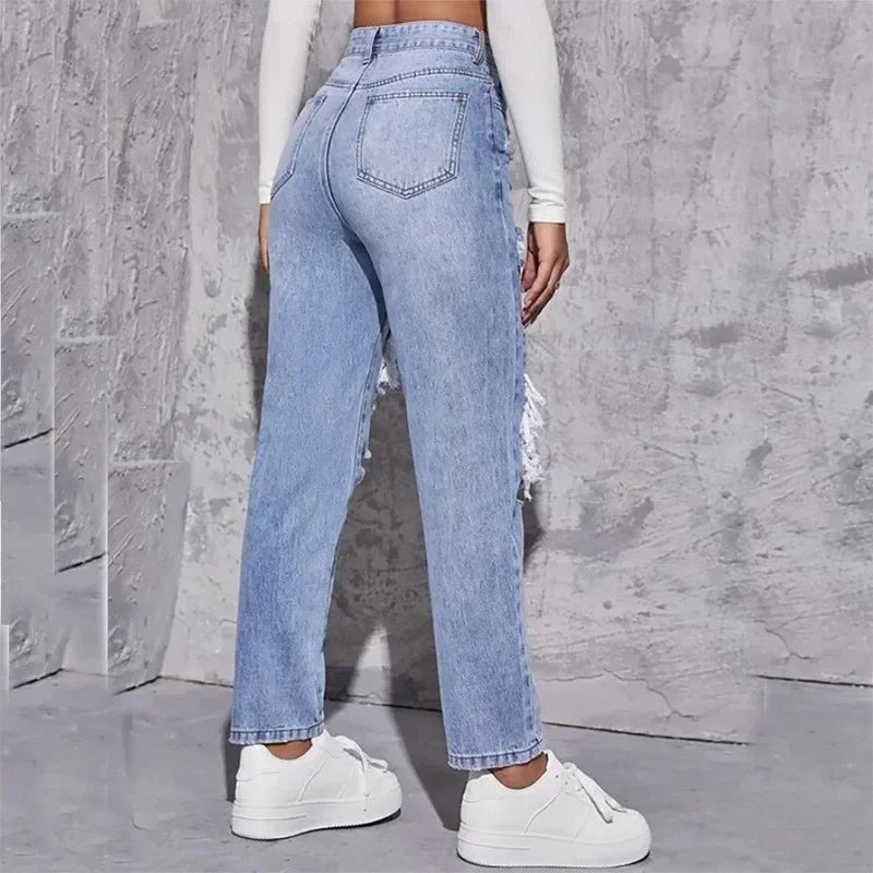 Hole High Waist Mom Jeans Women Flare Pants Denim Autumn 2025 Casual Long Streetwear Slim Fit Trousers Capris Baggy Jeans Good Vibrations