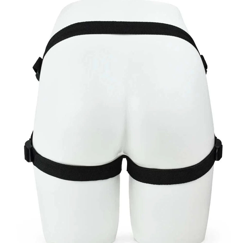 Adjustable strap-on harness for dildo; versatile bondage accessory for adults.