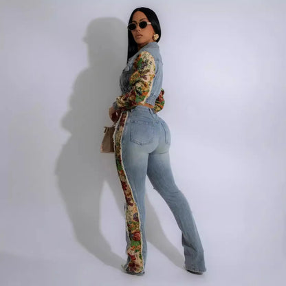 Jeans Suit Women Denim Two Piece Set Short Coat Pants Outfits Hole Trousers Flower Print Turn Down Collar Autumn 2025 Y2k Good Vibrations
