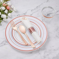 NEW 350 Piece Rose Gold Plastic Dinnerware Set for Party, Include: 50 Dinner Plates, 50 Dessert Plates, 50 Pre Rolled Napkins Good Vibrations