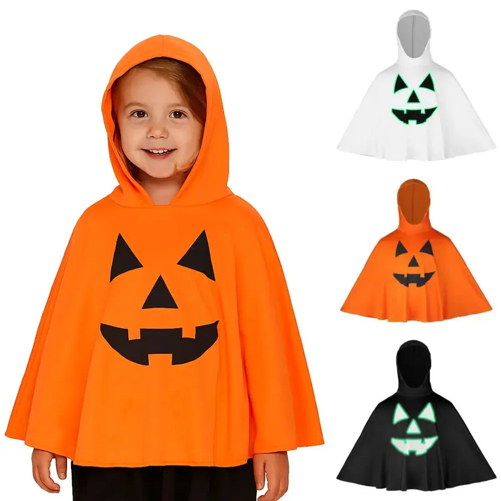 Cool Halloween Noctilucent Pumpkin Cloak Fun Creative Ghost Face Shawl Sleeveless with Hat Kid Cosplay Costume Gift Good Vibrations