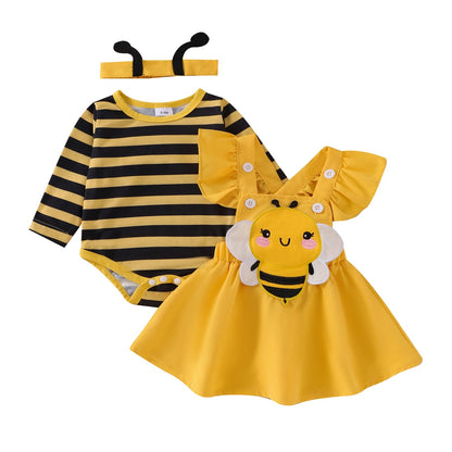 FOCUSNORM 3pcs Lovely Baby Girls Autumn Clothes Sets Flying Sleeve Solid/Striped Romper Embroidery Suspender Dress Headband Good Vibrations