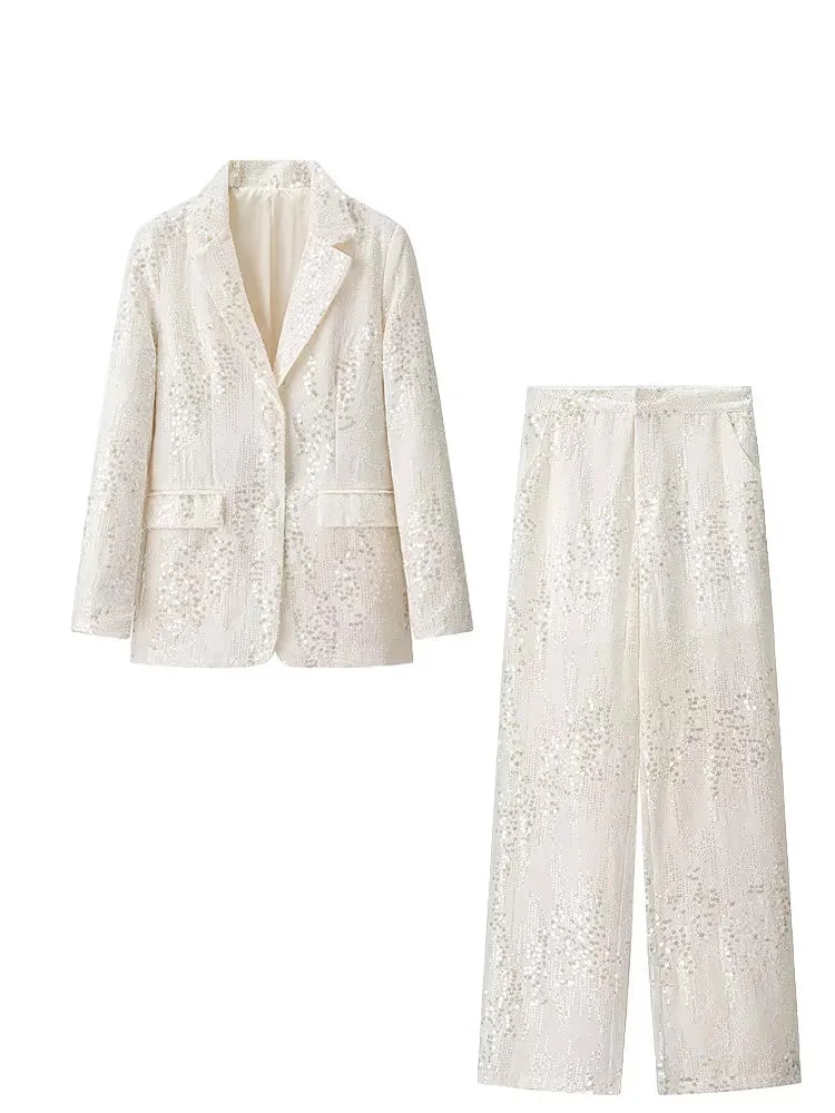 HH Women's Chic Set Sequins Turn-Down Collar Pockets Single-Breasted Blazers+High Waist Zipper Trousers Female Sets Trendy Good Vibrations