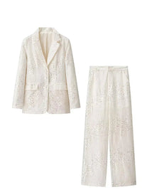 HH Women's Chic Set Sequins Turn-Down Collar Pockets Single-Breasted Blazers+High Waist Zipper Trousers Female Sets Trendy Good Vibrations