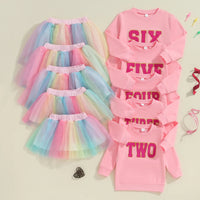Citgeett Autumn Kids Toddler Girl Birthday Outfit Letter Embroidery Long Sleeve Sweatshirt Rainbow Tulle Skirt Set Fall Clothes Good Vibrations
