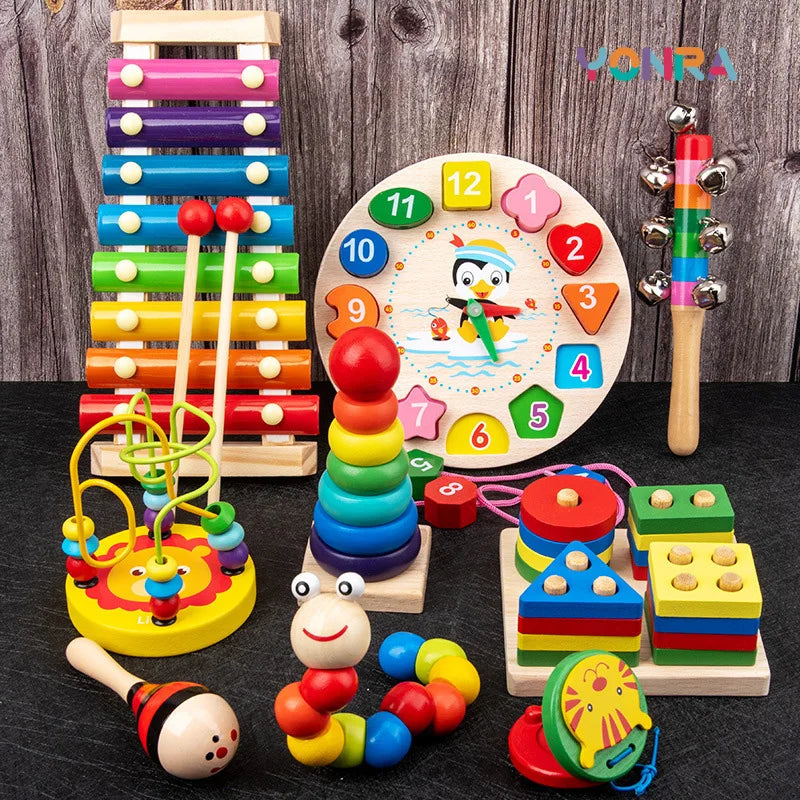 9 in 1 Wooden Montessori Toys Rattle Bell Drum Column Set Musical Instruments Sensory Early Baby Toy Toddler Education Good Vibrations