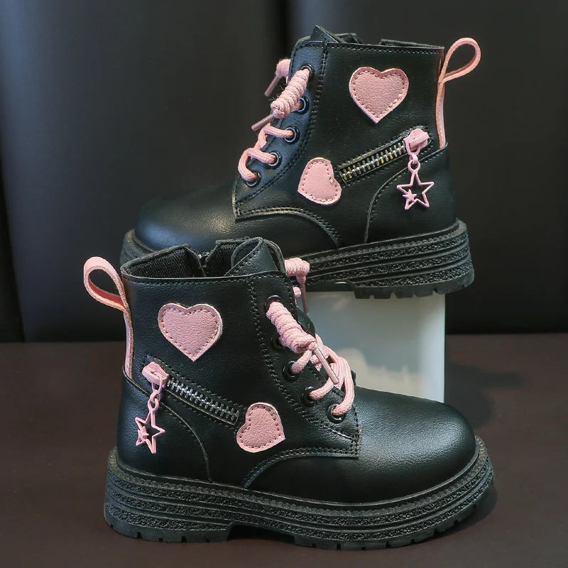 Girls Boots Kids Fashion Rubber Boots Cool Girl Autumn and Winter Cotton Soft Sole Pink with Love Side Zip Princess Round-toe PU Good Vibrations