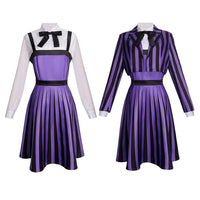 Women School Uniform Cosplay Costume Party Dresses Purple Striped Uniforms Coat+Dress For Girls Halloween Carnival Suit Good Vibrations