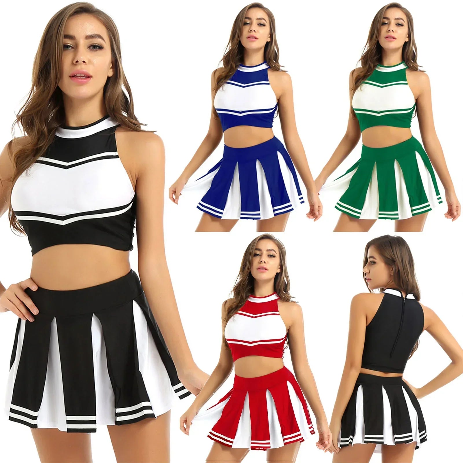 Carnival Costume 2Pcs Womens Adults Cheerleading Uniform Cosplay Outfit Crop Top with Mini Skirt Halloween Fancy Dress Up Party Good Vibrations