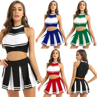 Carnival Costume 2Pcs Womens Adults Cheerleading Uniform Cosplay Outfit Crop Top with Mini Skirt Halloween Fancy Dress Up Party Good Vibrations