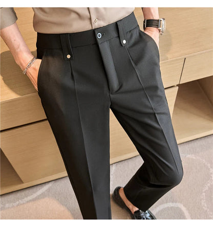 Mens Suit Pants 2025 Autumn New British Style Elastic Waist Solid Casual Formal Dress Pants Slim Fit Trousers for Men Clothing Good Vibrations