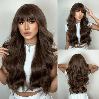 Ginger Orange Synthetic Wigs for Black Women Long Wavy Wigs with Bangs Cosplay Colored Hair Heat Resistant Body Wave Party Wig Good Vibrations