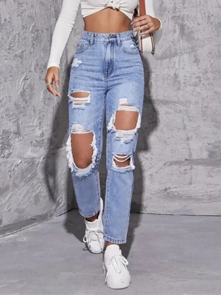 Hole High Waist Mom Jeans Women Flare Pants Denim Autumn 2025 Casual Long Streetwear Slim Fit Trousers Capris Baggy Jeans Good Vibrations