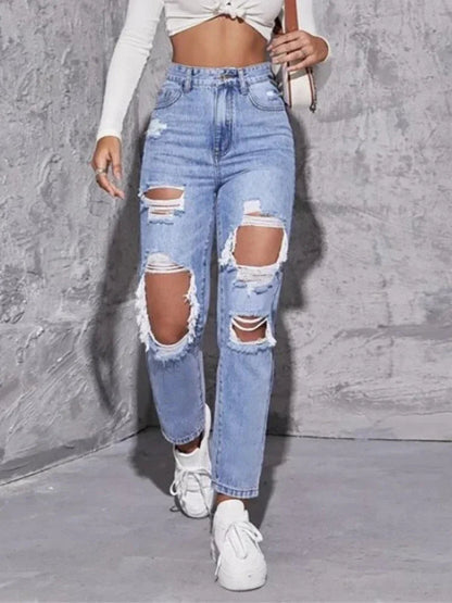 Hole High Waist Mom Jeans Women Flare Pants Denim Autumn 2025 Casual Long Streetwear Slim Fit Trousers Capris Baggy Jeans Good Vibrations