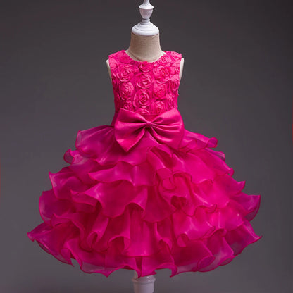Girl's bow dress A dress with suspenders Rose flower girl wedding dress