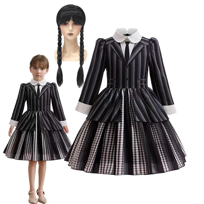 Halloween Gothic Style Costume Dress for Girls Wensday 2 Cosplay Striped School Uniform Party Ball Gown Kids Vestidos Good Vibrations