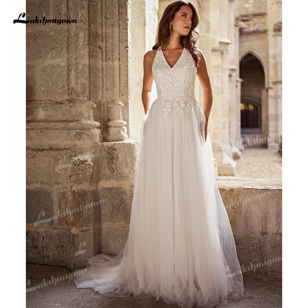 Romantic Lace Halter Boho Wedding Dress V-Neck Sheer Back Tulle A-Line Bridal Gown Illusion Back Wedding Gown Customized Good Vibrations