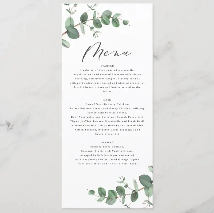 Customizable Wedding Menu, Personalized Wedding Menu, Green leaves and Flowers Menu Cards for Wedding, Custom Wedding Table Menu Good Vibrations