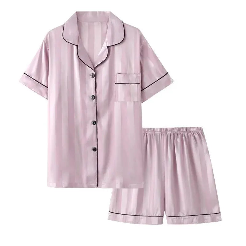 1 Set Women's Elegant Lounge Set, Plus Size Satin Striped Button Up Long Sleeve Shirt & Pants Pajamas Good Vibrations
