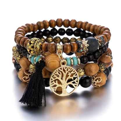 4Pcs/Set Boho Wooden Beaded Bracelet Set For Women Tree Of Life White Tassels Charm Elastic Chain Bangle Lady Bohemia Jewelry Good Vibrations