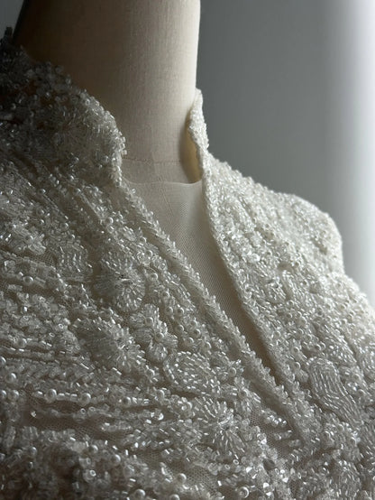 Sharon Said Elegant Luxury Dubai Beading Pearls Long Sleeves V-Neck  Wedding Dress Princess Arabic Bride Dress SW518 Customized