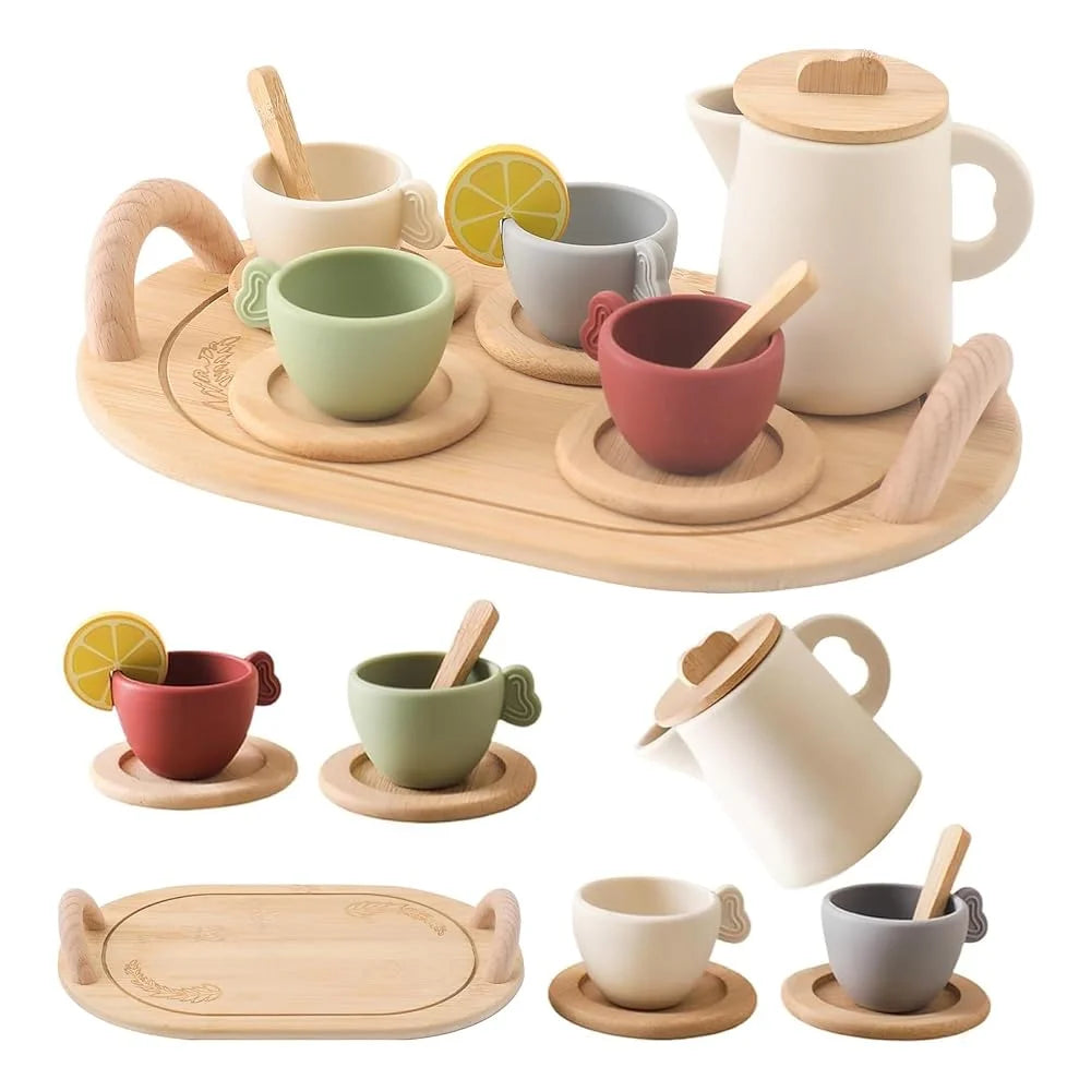 Wooden Montessori Toys Toddler Pretend Play Tea Party Set Silicone Teapot Cups Wood Tray Scoop Toys for Kids Birthday Gift Good Vibrations