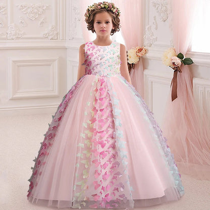 Girls' sleeveless Flower Girl Wedding Dress petal embroidery Long Dress Girls' dance performance model walk show art dress Good Vibrations