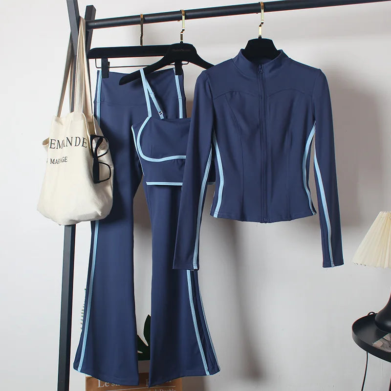 Women's Yoga Costumes 3pcs Set Spring Coat and Bra High-waisted Flared Trousers Dance Morning Runs Costume Outfits for Female Good Vibrations