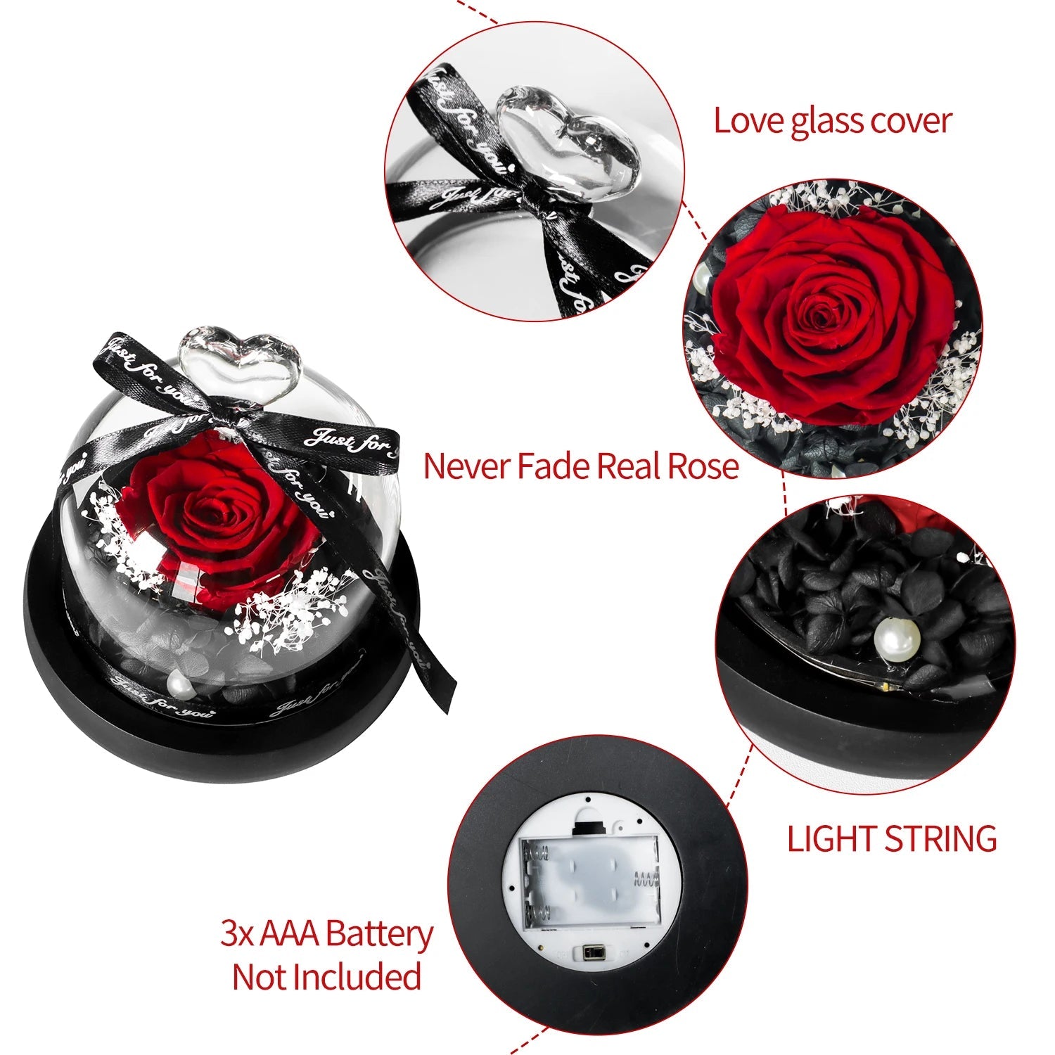 Gifts for Girls Eternal Flowers In Heart Glass Dome with Led Light Forever Preserved Rose Wedding Gift for Mom Women Girlfriend Good Vibrations