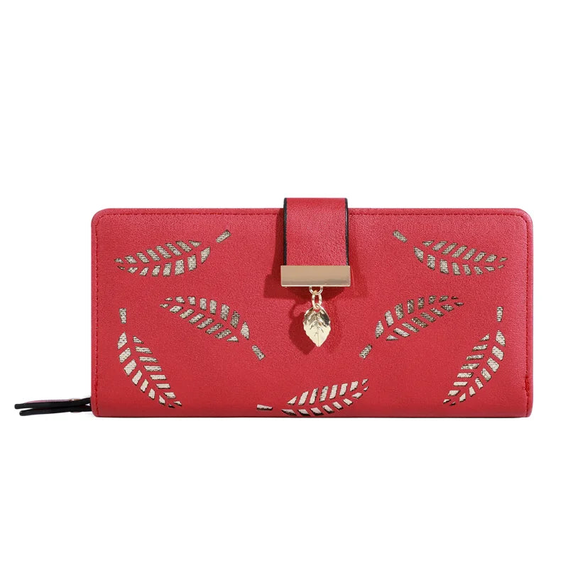 Women Wallet PU Leather Purse Female Long Wallet Gold Hollow Leaves Pouch Handbag For Women Coin Purse Card Holders Clutch Good Vibrations