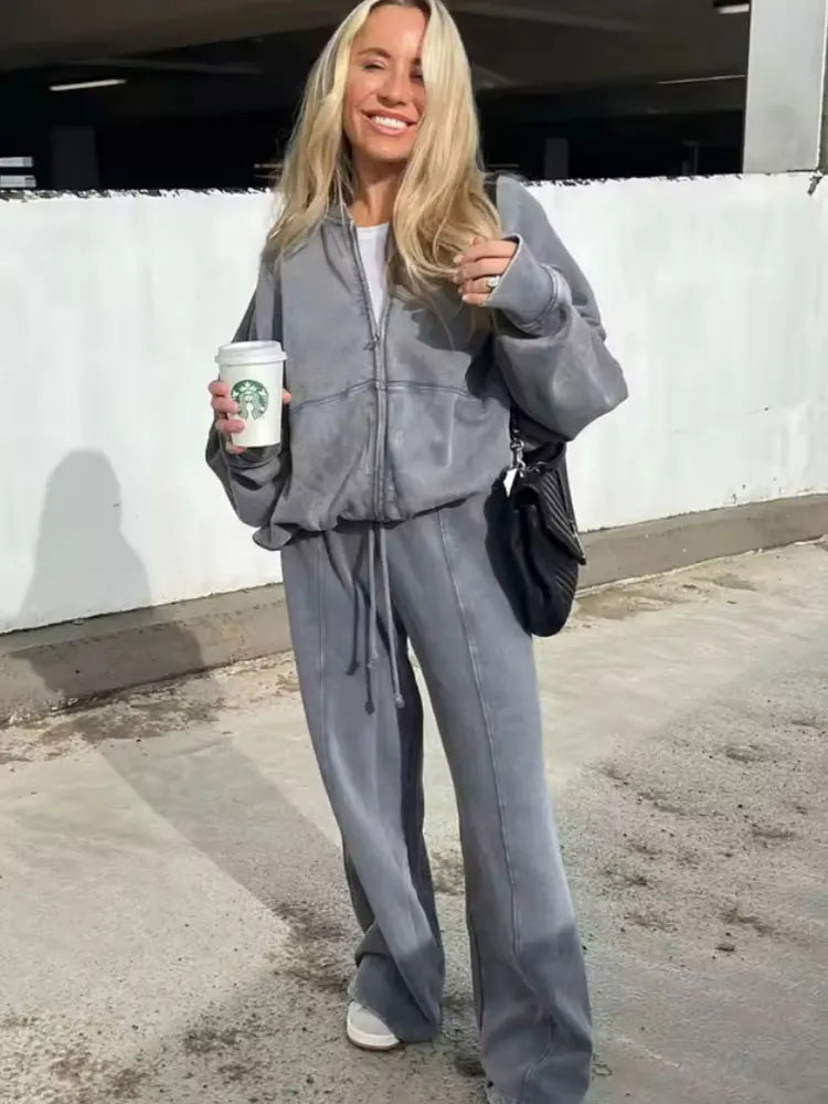 HH Women's Fall 2-Piece Retro Solid Color Zip Bomber Jacket Sweatshirt+High Waist Lace Up Women's Wide Leg Pants Street Wear Good Vibrations