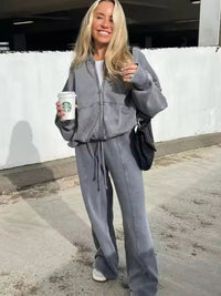 HH Women's Fall 2-Piece Retro Solid Color Zip Bomber Jacket Sweatshirt+High Waist Lace Up Women's Wide Leg Pants Street Wear Good Vibrations