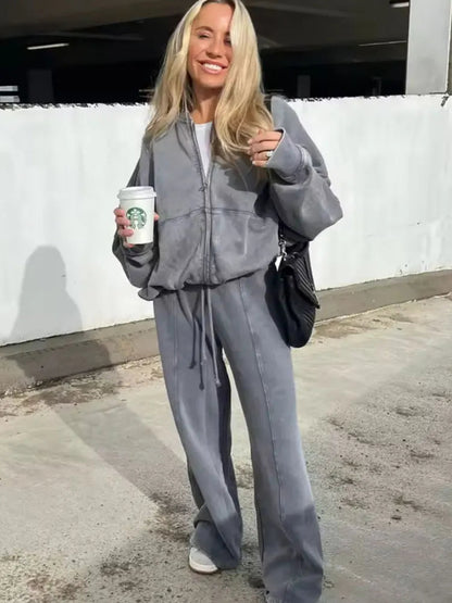 HH Women's Fall 2-Piece Retro Solid Color Zip Bomber Jacket Sweatshirt+High Waist Lace Up Women's Wide Leg Pants Street Wear Good Vibrations