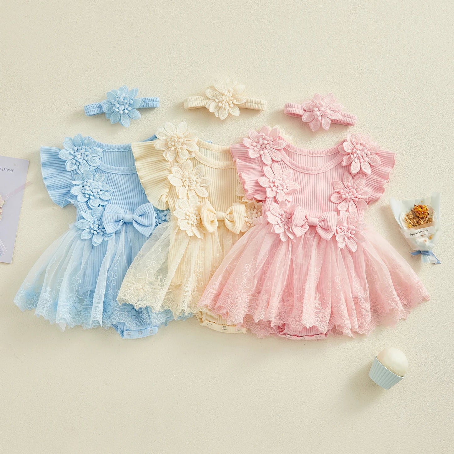 3D Flower Summer Baby Girls Romper Princess Mesh Newborn Clothes Lace Patchwork Ruffle Bodysuit Dress Headband Kids Clothing Good Vibrations